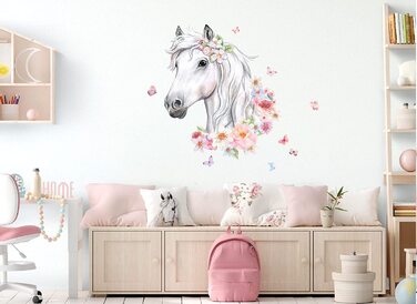 Наклейка на стіну для дитячої кімнати, голова коня з квітами, наклейка на стіну, метелики, наклейка на стіну для дитячої кімнати для дівчаток, наклейка на стіну з тваринами, DK1046-4 (м - 60 х 52 см (Ш))
