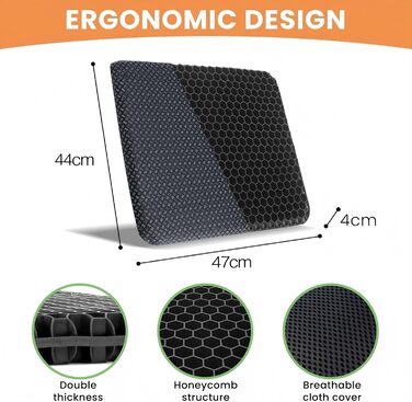 Ортопедична гелева подушка на стілець для офісу та авто, протиковзаюча та дихаюча, чорна (47x44x4 см)