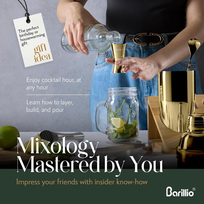Набір для бармена Barillio Gold Elite Mixology: шейкер, інструменти, бамбуковий підставник, сумка, рецепти