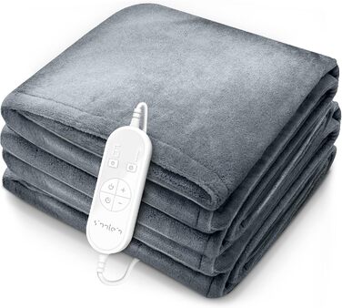 Електрична гріюча ковдра з плюшем | 160x120 см, світло-сіра | 9 температурних режимів, таймер, відключення, прання 40°C