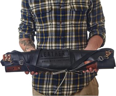 Чорний шкіряний фартух для гриля з тримачем для пива, BBQ фартух для майстра гриля - міцний, з кишенями, регульовані бретельки