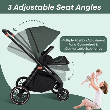 Дитяча коляска 2-в-1 BabyVoyage – комбінована коляска з люлькою та прогулянковим блоком, поворотні колеса 360°, амортизація, регульована ручка, складна конструкція, аксесуари, колір зелений
