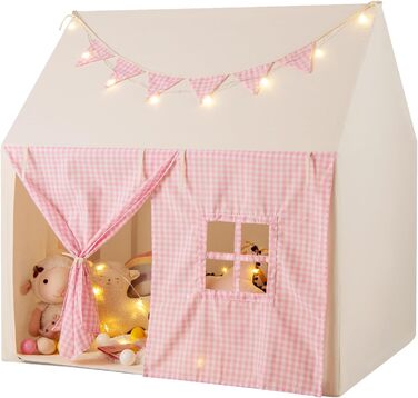 Дитячий намет GOPLUS з м'яким килимком, зірочками та китицями, ігровий будиночок для дому та вулиці з вікнами, дверима та кишенями, для дітей від 3 років (Рожевий)