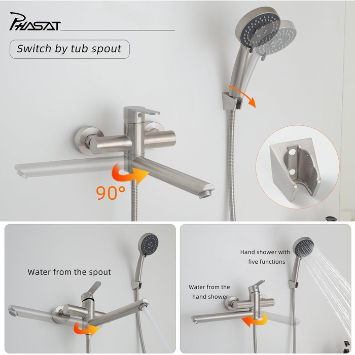 Набір змішувач для ванни PHASAT з витяжною лійкою, чорний, настінний монтаж, PTBB13E (довга лійка, нікель B)