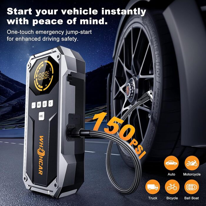 Powerbank Starthilfe 6000A з компресором та LED-ліхтарем: багатофункціональний пусковий пристрій для автомобіля (чорний)