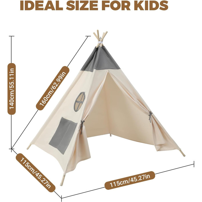 Kinder Tipi Zelt - класичне індіанське намет для дітей, бавовняний намет для дівчаток та хлопчиків з сумкою, складане ігрове будиночок для дому та на вулицю