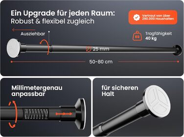 Телескопічна штанга для кріплення 260-310 см, Ø 25 мм, багатофункціональна штанга без свердління - для штор, душових перегородок, ванної кімнати та балкону (50-80 см, матовий чорний)