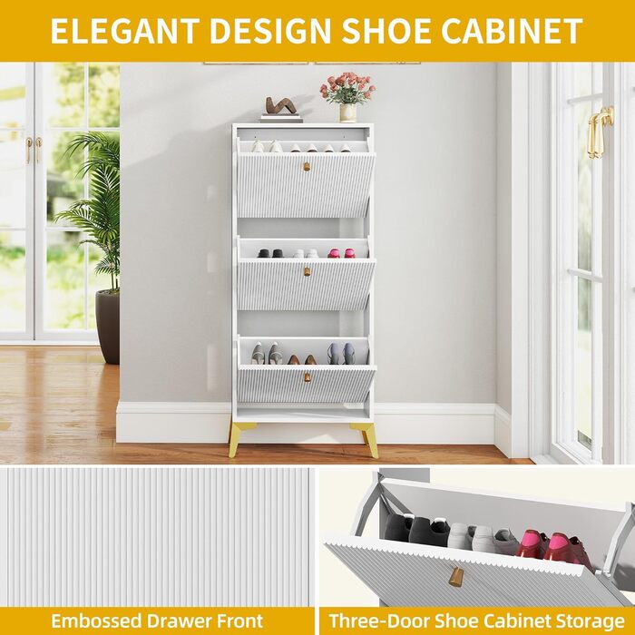 Шафа для взуття DWVO з 3 висувними ящиками, регульована перегородка, для прихожого, вітальні, біла