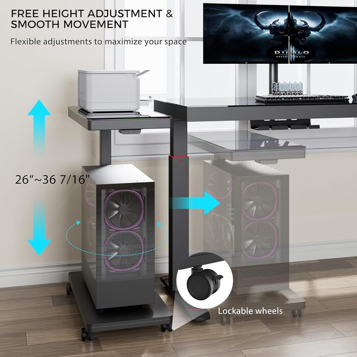 Підставка для комп'ютера EUREKA ERGONOMIC з регулюванням висоти, ATX корпус, тримач CPU, органайзер під стіл, з LED підсвіткою