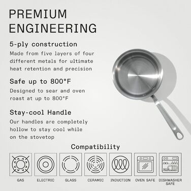 Каструля для розігрівання масла Made In Cookware, 1.7 л, нержавіюча сталь, 5-шарова конструкція, професійний посуд, з Італії, сумісна з індукцією