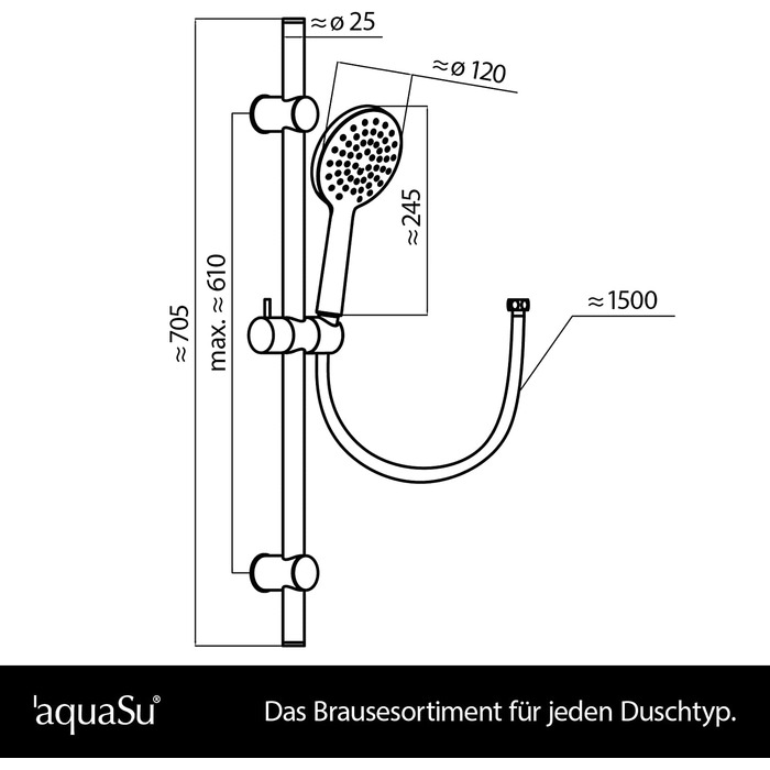 Душовий набір aquaSu Acana / чорний / Насадка для душу 3 типи струменя, зміна типу струменя за допомогою кнопки і розпилювальної пластини 12 см / металевий шланг для душу 150 см / штанга для душу 60 см / напрямна / виступи для видалення накипу / 72288 9 (