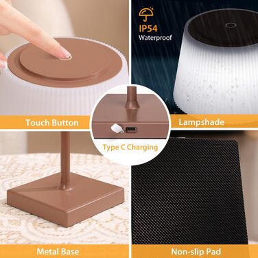 Aigostar LED акумуляторна настільна лампа бездротова, торшер з сенсорним керуванням, 3 режими кольору, IP54 вологостійка, для дому та саду (темно-коричнева)
