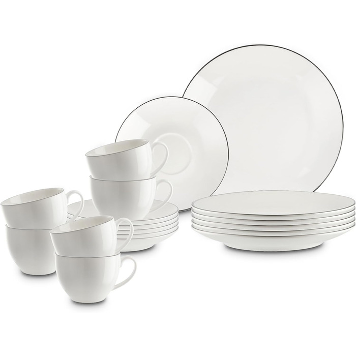 Сервіз для кави на 6 осіб, 18 предметів, білий з чорним обідком. Включає: 6 тарілок для десерту, 6 чашок, 6 підставок.