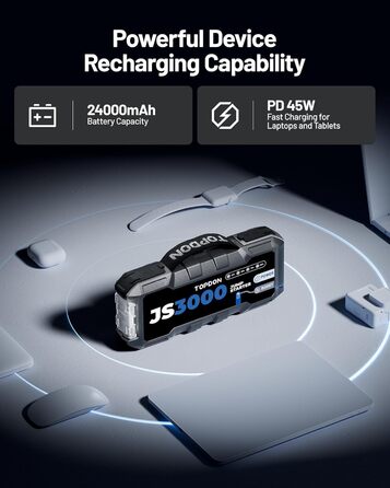 TOPDON JS3000 Powerbank-пускозарядний пристрій для авто, 24000mAh, 3000A, сумісний з бензиновими (9L) та дизельними (7L) двигунами, вбудований LED, EVA-сумка