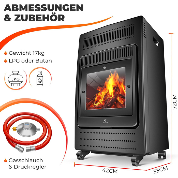 Газовий нагрівач KESSER®: газовий камін-нагрівач, 3.4 кВт, інфрачервоний, 2 режими, з регулятором та шлангом, чорний