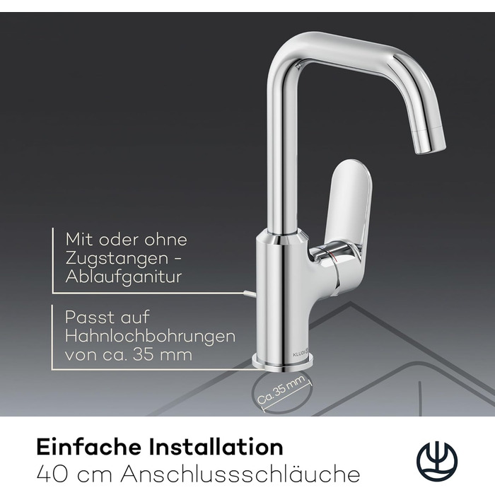 Змішувач для умивальника KLUDI-X1 з витяжним корком, поворотний на 360°, висота виливу 205 мм, водозберігаючий, розмір L, з підключувальними шлангами (без зливної арматури, хром)