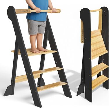 COSYLAND Монтессорі навчальний столик-сходинка для дітей від 1 року, регульована висота, складаний | Навчальний столик-сходинка для кухні | Темно-сірий-натуральний | COSYLAND