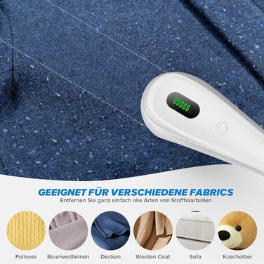 Електричний видальник ворсу з LED-дисплеєм, 6 лез, 2 рівня висоти, 2000 mAh, USB-C, 3 змінні леза, великий контейнер для одягу, диванів, ворсу, ковдр (білий)