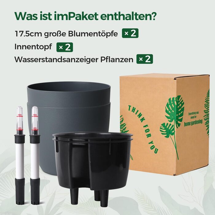 Автоматичний горщик для квітів з індикатором рівня води, 2 шт. - ідеально для зайнятих людей та початківців, підходить для монстери та розмарину (сірий, 17,5 см)