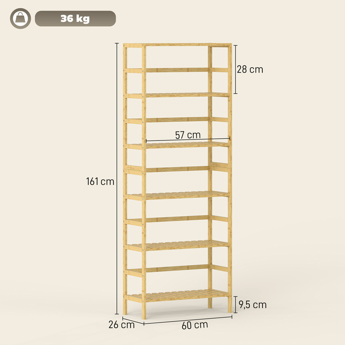 Стелаж з 6 полицями з бамбука, регульовані полиці, окремо стоячий стелаж для зберігання, натуральне дерево
