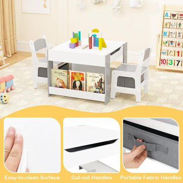 Дитячий столик Dreamade 4 в 1 з 2 стільцями: дерев'яний набір для ігор з дошками, полицями та коробками (сірий)