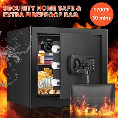 Вогнетривкий сейф Safe Tresor для дому з вогнетривкою сумкою, цифровий сейф з висувним ящиком та сигналізацією, сейф для зберігання грошей, документів та ліків (36L)