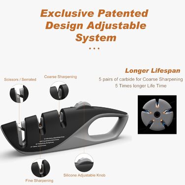 Професійний ручний точило для ножів з 5 кутами, дизайн UK, 3-ступеневе точіння роликами, для кухонних, хвилястих, хлібних, кишенькових та мисливських ножів, ножиць, чорний колір, 26 см
