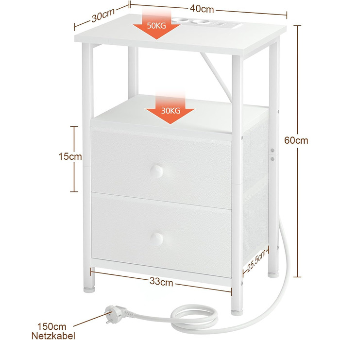 Нічний столик AMHANCIBLE з підзарядкою, приліжкові столики з висувними ящиками з тканини, журнальний столик з відкритою полицею, з 2 USB-портами та 2 розетками, для спальні та вітальні, HETS020GY-1 (Білий)