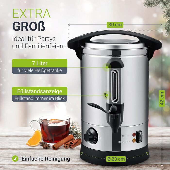 Електричний диспенсер для глінтвейну Juskys Teramo 7 літрів, 1500W з краном, термостатом та захистом від перегріву, 30-110°C, нержавіюча сталь