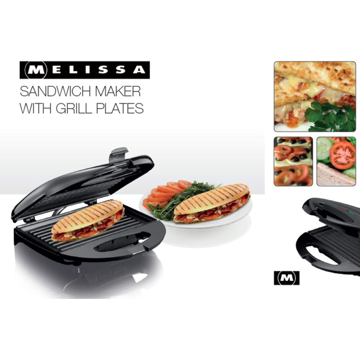 Бутербродниця MELISSA 16240109, тостер для гриля, бутербродниця, тостер Panini 750 Вт бутербродниця з антипригарними пластинами для випічки, (чорна)