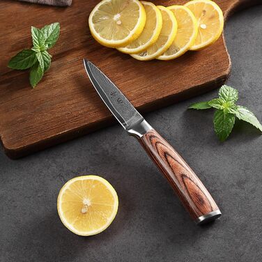 Ніж Wakoli EDIB офісний з дамаської сталі (серцевина VG10), 8,5 см - гострий та компактний. Підходить для кухні, фруктів та овочів. Дамаський ніж з ручкою з паккавуду в подарунковій коробці.