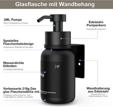 Настінний диспенсер для мила чорного кольору 250 мл [2 шт.] - настінний дозатор для мила, без свердління, для шампуню та гелю для душу. Матовий чорний.