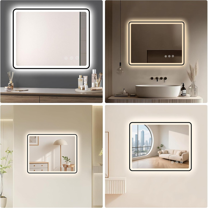 LED дзеркало для ванної кімнати 80x60 см з підсвічуванням, диммер, протитуманне покриття, 3 кольори світла, IP44, функція пам'яті, горизонтальний/вертикальний монтаж