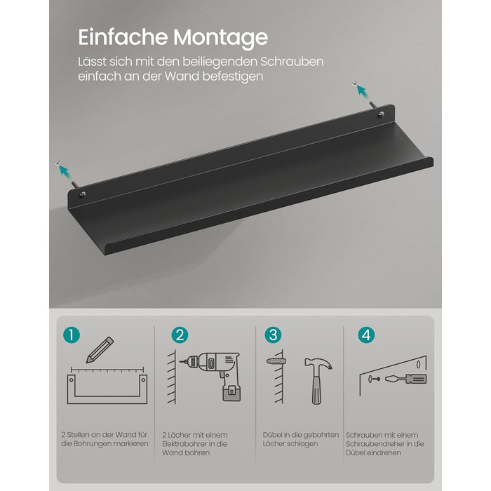 Набір металевих настінних полиць SONGMICS (3 шт), підвісні полиці в індустріальному стилі для вітальні, кухні та ванної кімнати, чорні, LFS12BK