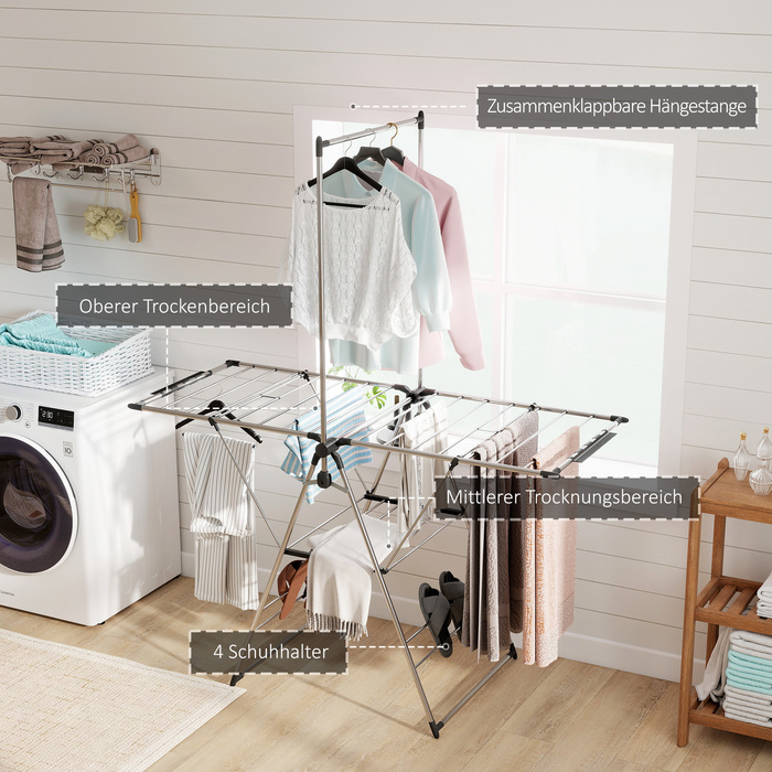 Сушилка для білизни складна, підлогова з регульованими крилами, тримачами для взуття, нержавіюча сталь, 156,5 x 68 x 192 см, срібляста