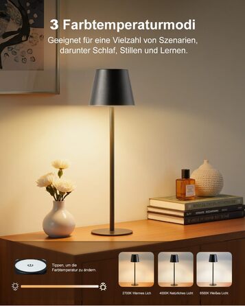 LED настільна лампа Bonsery (2 шт.) з акумулятором 5200mAh, регульована яскравість, 3 кольори світла, металева, вологостійка, 2 висоти (24/37,5 см), для дому, бару, кемпінгу, чорна