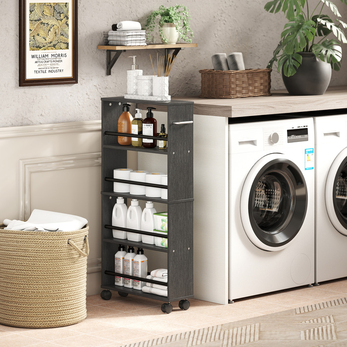 Багатофункціональна полиця на колесах, вузький дизайн, 4 відділення, 45x15x91 см, Чорний