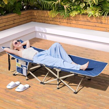 Розкладне кемпінгове ліжко Yaheetech для відпочинку та риболовлі, темно-синє, витримує до 150 кг, з кишенею та сумкою для транспортування