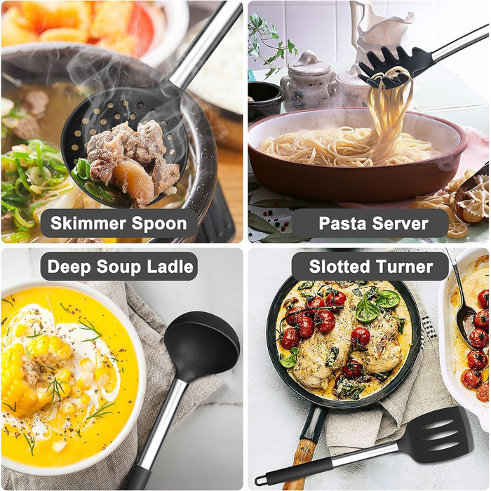 Набір кухонного приладдя Herogo, 12 шт. Силіконові кухонні інструменти з нержавіючою сталею, стійкі до високих температур, лопатки, ложки, шпателі з підставкою, легко миються - Чорний