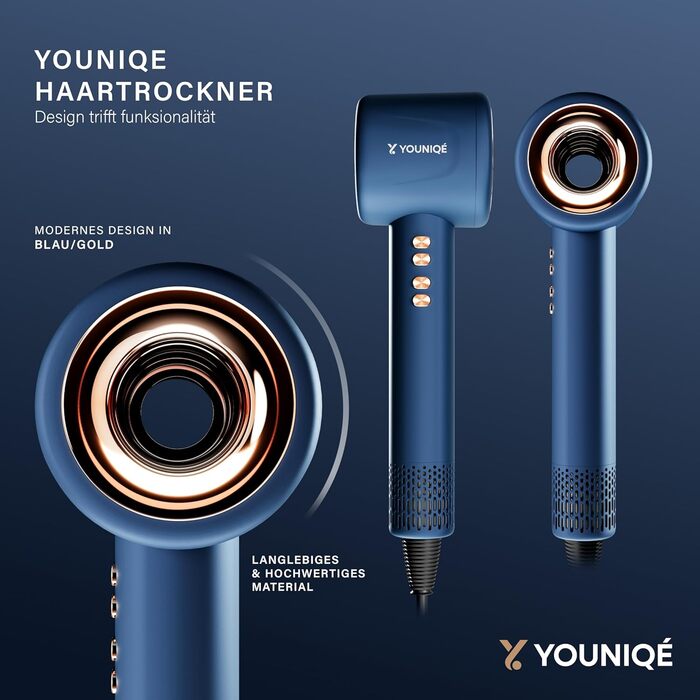 Мультифункціональний фен для волосся 5-в-1 з іонною технологією, набір насадок (локони, випрямлення, дифузор, концентратор), 1600W, LED-дисплей, 4 режими температури, магнітні насадки, Блакитний/Золотий