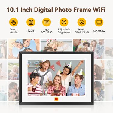 Цифровий фотоальбом Kodak 10 дюймів з Wi-Fi, акумулятором 4000mAh та 32GB пам'яті, IPS HD сенсорний екран, автоповорот, чорний