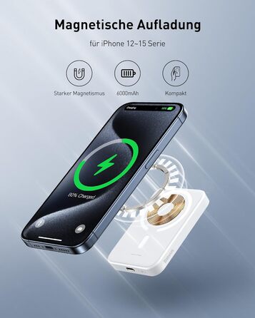 Магнітний павербанк для iPhone 15-12, бездротовий Power Bank 6000mAh PD 20W, USB-C, білий