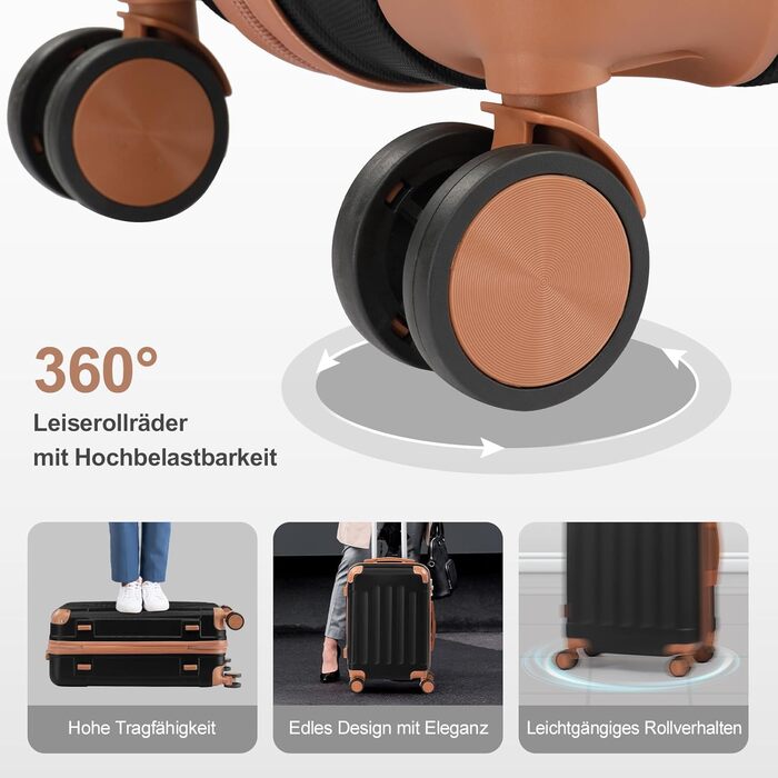 Набір валіз LALAHO 4 шт: дорожній комплект з косметичками, валізи з ABS пластику, багажний набір з косметичним мішечком, ручна валіза та 4 захисними куточками (Чорно-коричневий, Набір валіз 4 шт (смужки))