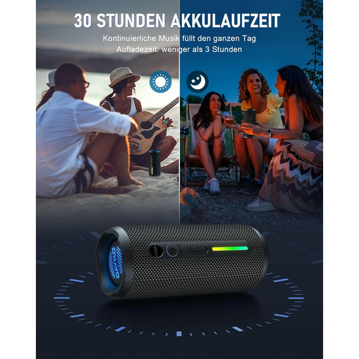 Портативна Bluetooth колонка OHAYO 24W з RGB підсвічуванням, басами, IPX7, 30 годин роботи, мікрофоном, для відпочинку на природі (чорна)