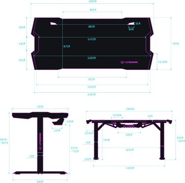 Ігровий стіл ULTRADESK Force , регульований по висоті, подушка XXL, 2 кабельні розетки, поличка для подовжувачів, світлодіодне RGB-підсвічування, сталева рама, сірий, 166x70 см