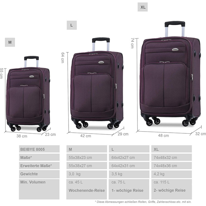 Чемодан тканинний BEIBYE, набір валіз, ручний багаж 54см, фіолетовий, з кодовим замком