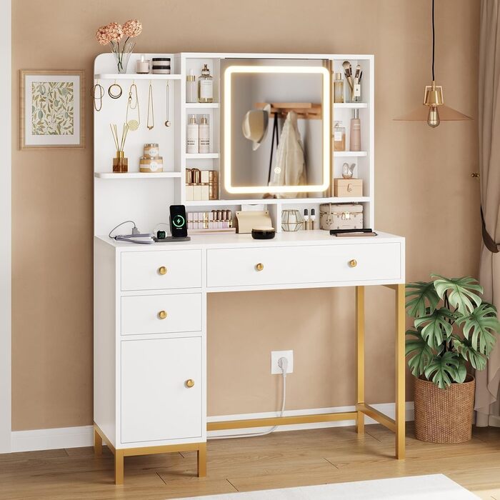 Трюмо AOGLLATI з розеткою, LED-підсвічуванням, регульованою яскравістю, шухлядами та полицями. Косметичний столик зі дзеркалом (білий)