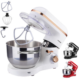 Кухонна машина Arebos 1500W з чашею 6L з нержавіючої сталі | Змішувач, гак для тіста, вінчик | Кришка-розбризкувач | 6 швидкостей | Кухонний комбайн | Машина для тіста (Біла)