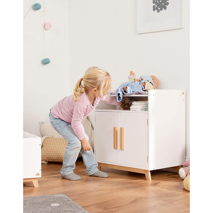 PINOLINO Столик для переодягання ляльок Marit, дерев'яні меблі для ляльок, скандинавський стиль, білий, з блискучим лаком, з пелюшкою, 2 дверцята, 1 полиця, для дітей від 2 років, 52x40x59 см