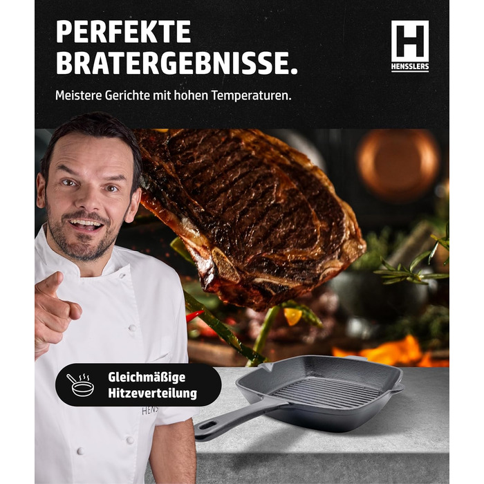 Сковорода-гриль HENSSELERS® з чавуну [26 см] для всіх типів плит та духовок, включаючи газові та індукційні плити. Антипригарна сковорода для стейків. Чотирикутна чавунна сковорода для гриля